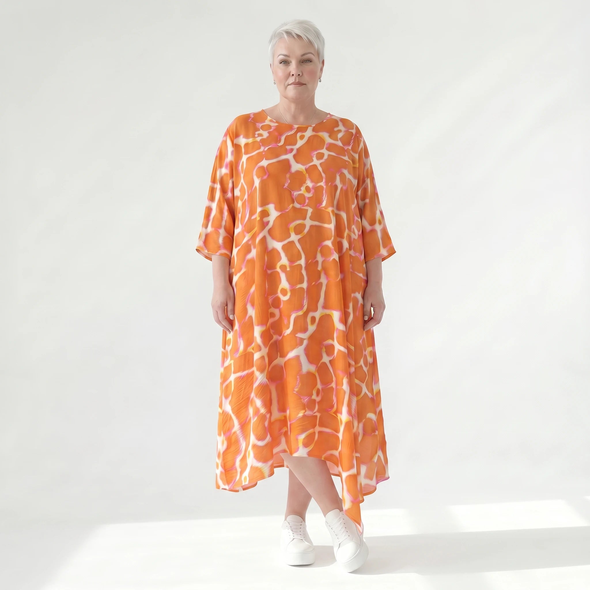 Ausgefallenes Ballonkleid im zeitlosen Lagenlook aus leichter Popeline mit schimmerndem Finish, Orange/Weiß
