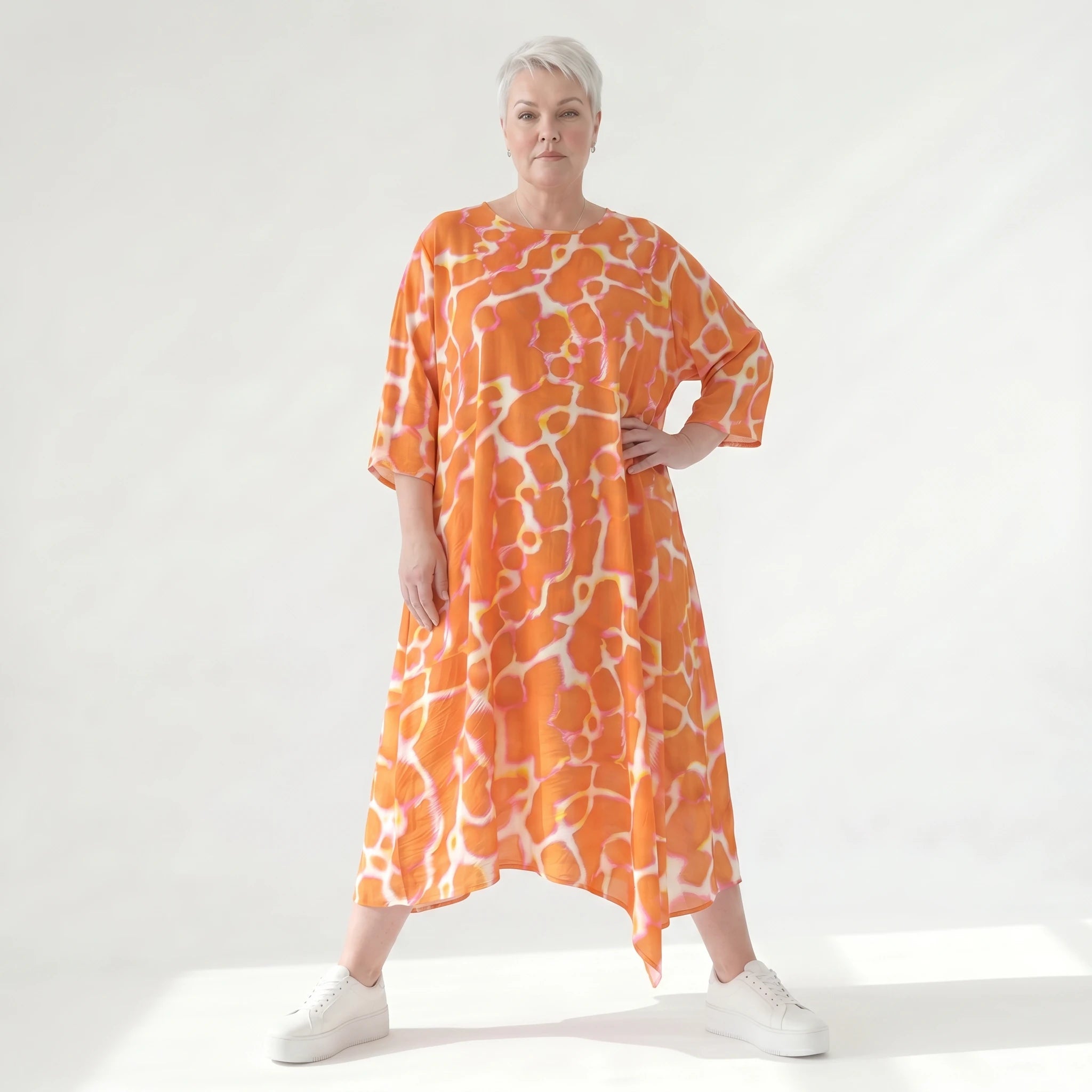 Ausgefallenes Ballonkleid im zeitlosen Lagenlook aus leichter Popeline mit schimmerndem Finish, Orange/Weiß