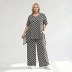 Damen Hose Lagenlook Polyester Schwarz/Weiß, gerader Schnitt, Rauten, Elastikbund, Oversize große Größen – AKH Fashion