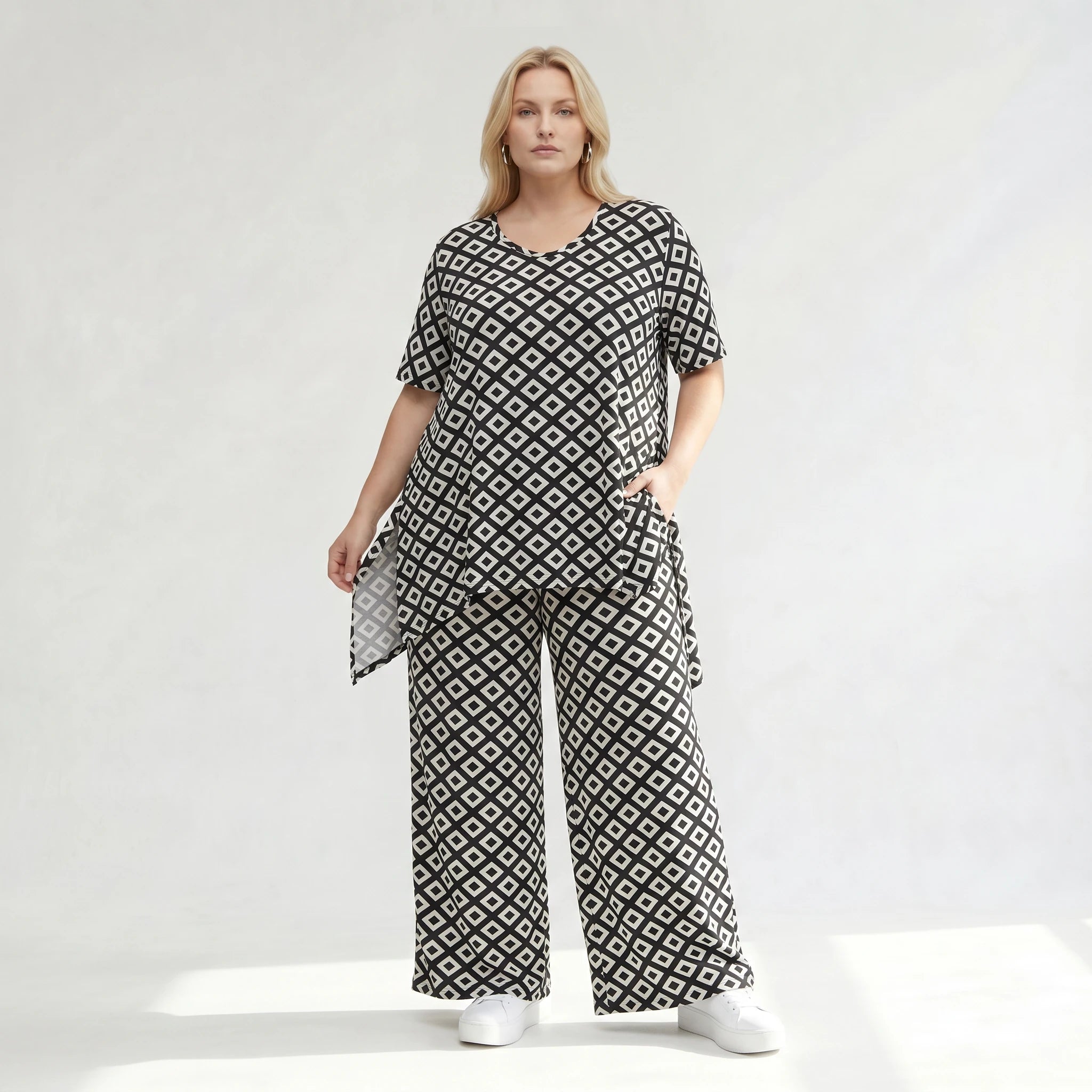 Ausgefallene Palazzo Hose im zeitlosen Lagenlook mit fließend elastischem Stretch Komfort, Schwarz/Weiß