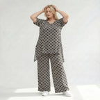 Damen Hose Lagenlook Polyester Schwarz/Weiß, gerader Schnitt, Rauten, Elastikbund, Oversize große Größen – AKH Fashion