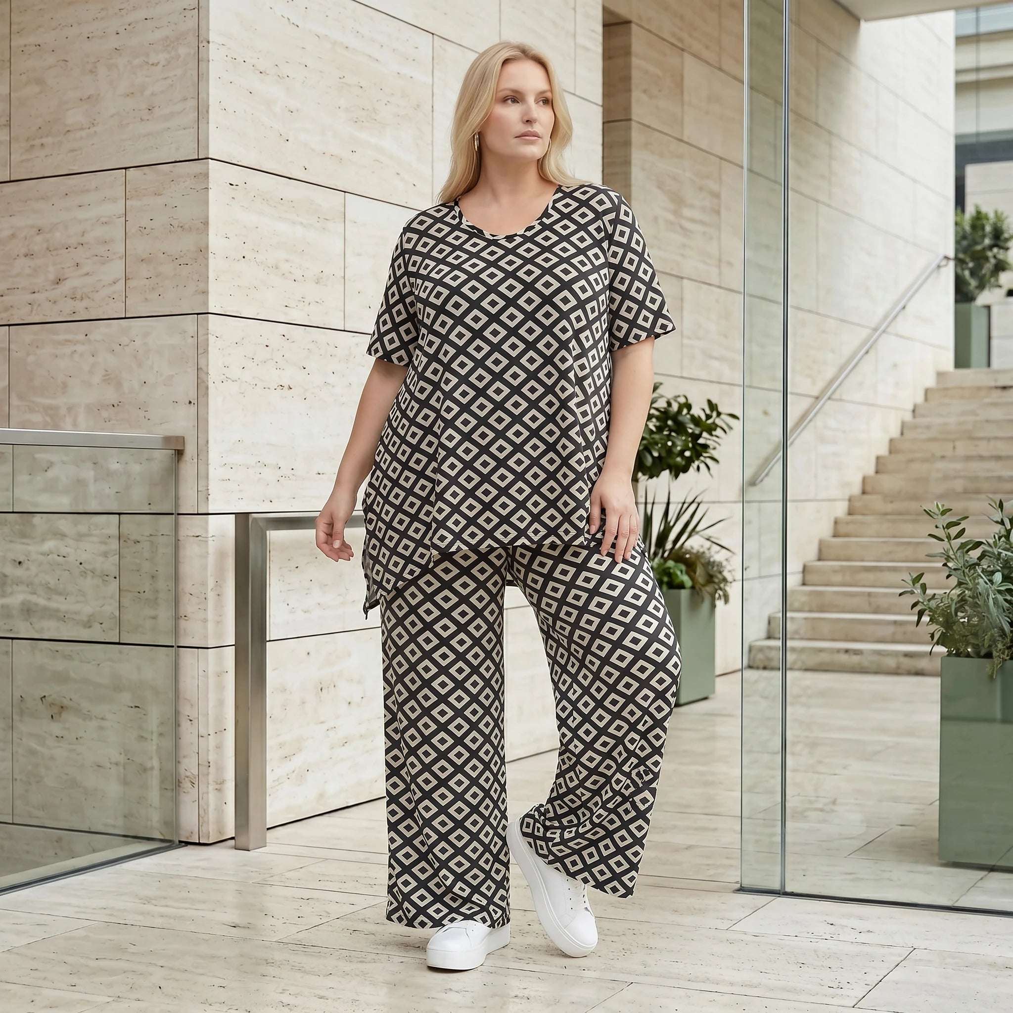 Ausgefallene Palazzo Hose im zeitlosen Lagenlook mit fließend elastischem Stretch Komfort, Schwarz/Weiß