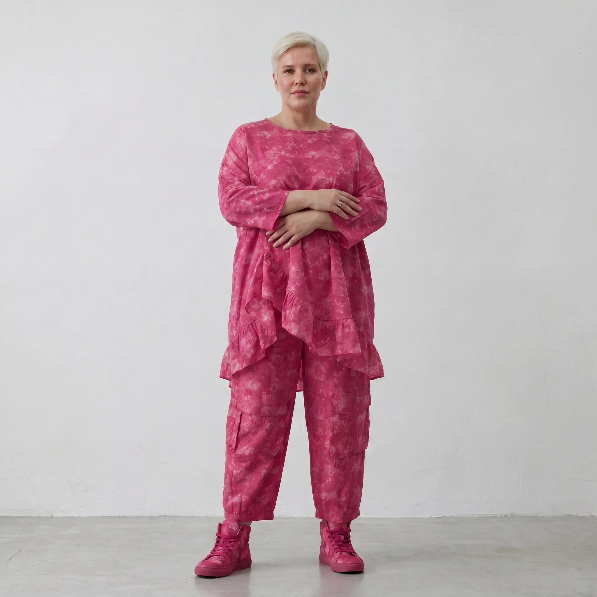 Oversize Big Shirt aus leichter, feiner Baumwollpopeline im ausgefallenen Lagenlook, Batik, Fuchsia