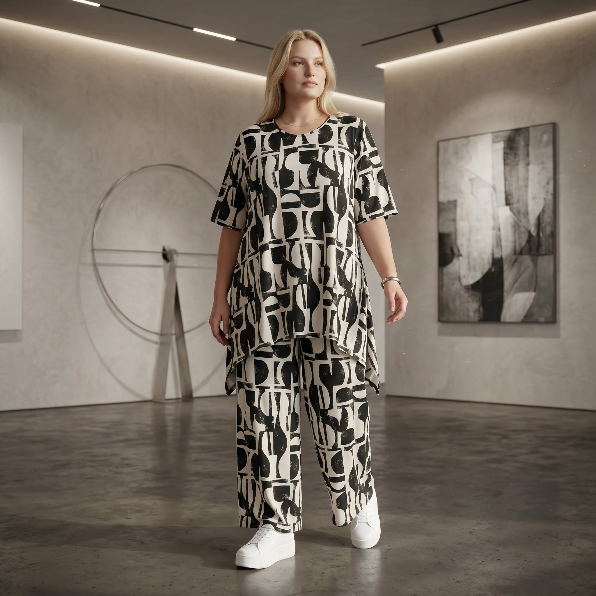 Zeitlose Palazzo Hose im ausgefallenen Lagenlook mit weich fließendem Stretch und abstraktem Muster, Schwarz/Weiß