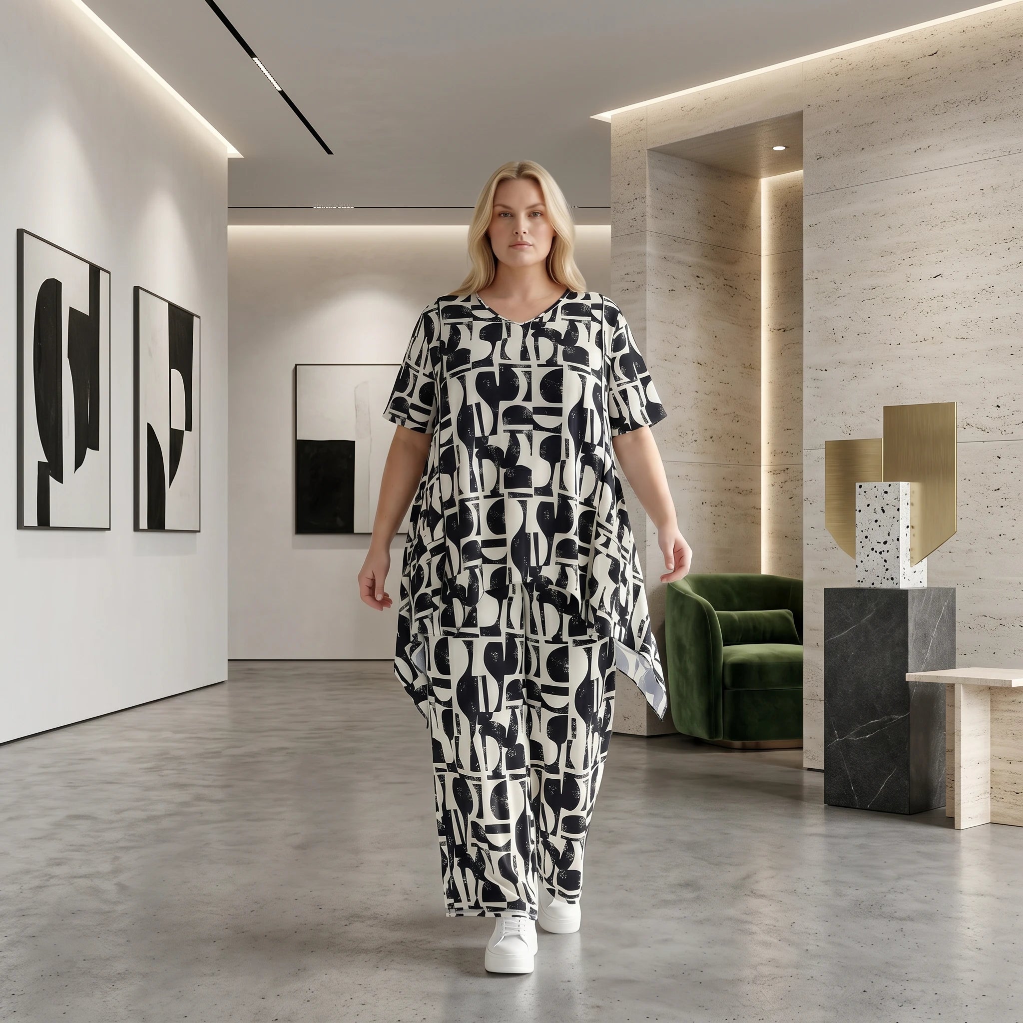 Legeres A-Form Shirt im ausgefallenen Oversize Lagenlook mit fließendem Stretchkomfort, Schwarz/Weiß