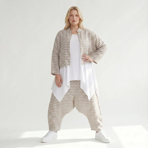 Stilvolle Oversize Jacke in lässigem Lagenlook mit leichter Leinen Optik und Streifen, Sand/Weiß