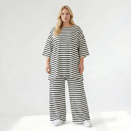 Stilvolle Lagenlook Hose mit weitem Bein Schlitz aus weichem Jersey im angesagten Streifen Design, Weiß/Schwarz