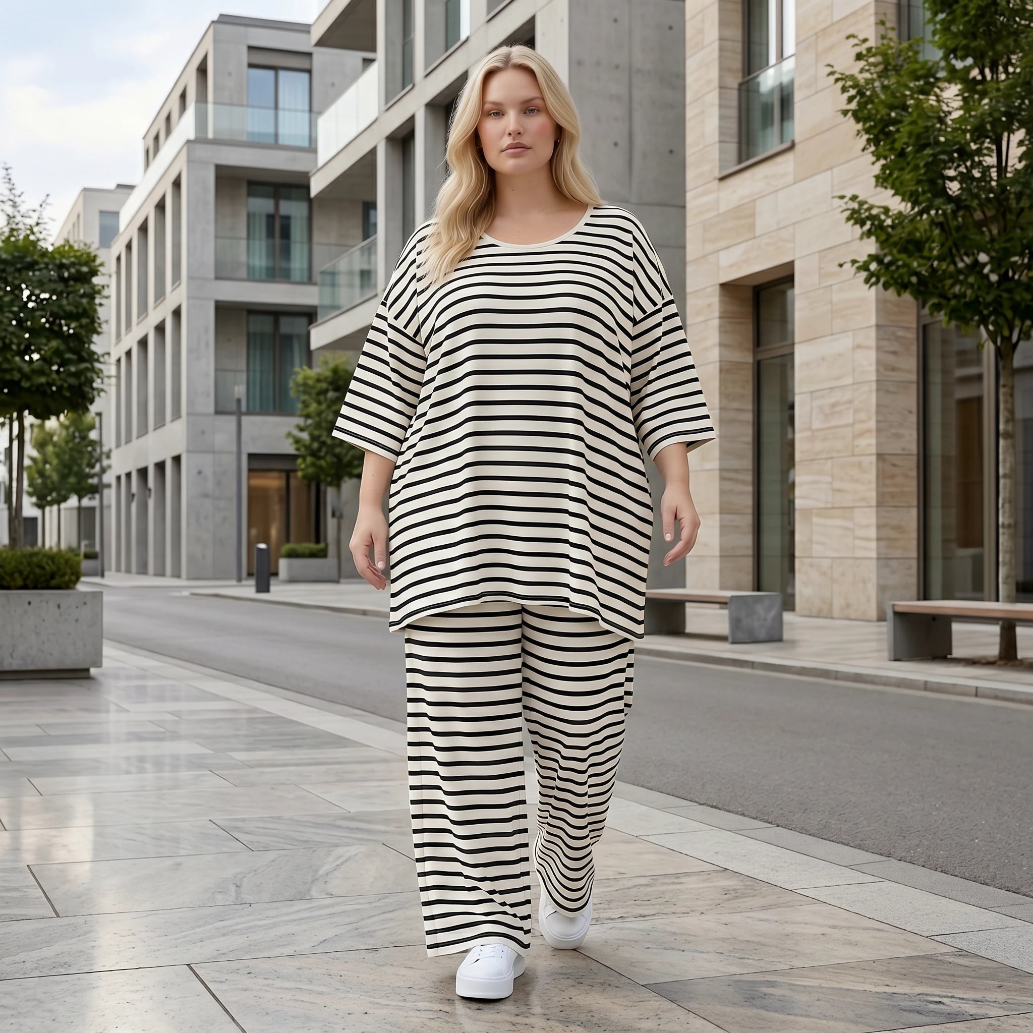 Stilvolle Lagenlook Hose mit weitem Bein Schlitz aus weichem Jersey im angesagten Streifen Design, Weiß/Schwarz