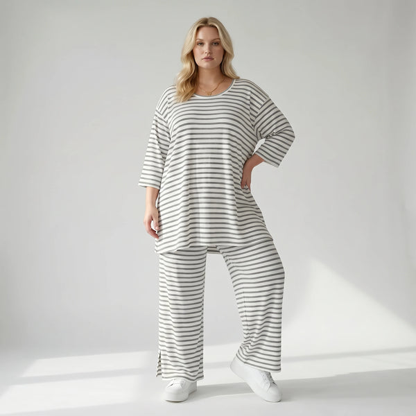 Stilvolle Lagenlook Hose aus weich fließendem Jersey im legeren Oversize Stil mit Streifen, Weiß/Grau