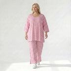 Ausgefallene Lagenlook Hose mit weiten Beinen und feinem Jersey, weich fließend, Streifen, Weiß/Fuchsia
