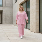 Ausgefallene Lagenlook Hose mit weiten Beinen und feinem Jersey, weich fließend, Streifen, Weiß/Fuchsia