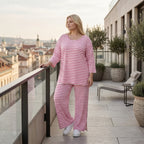 Ausgefallene Lagenlook Hose mit weiten Beinen und feinem Jersey, weich fließend, Streifen, Weiß/Fuchsia