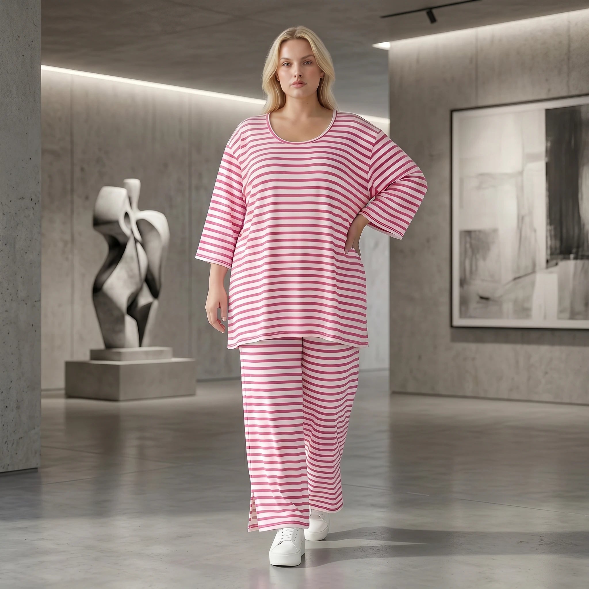 Ausgefallene Lagenlook Hose mit weiten Beinen und feinem Jersey, weich fließend, Streifen, Weiß/Fuchsia