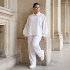 Zeitloser Weißer Blazer im Oversize Lagenlook mit Hemdkragen leger elegant und ausgefallen