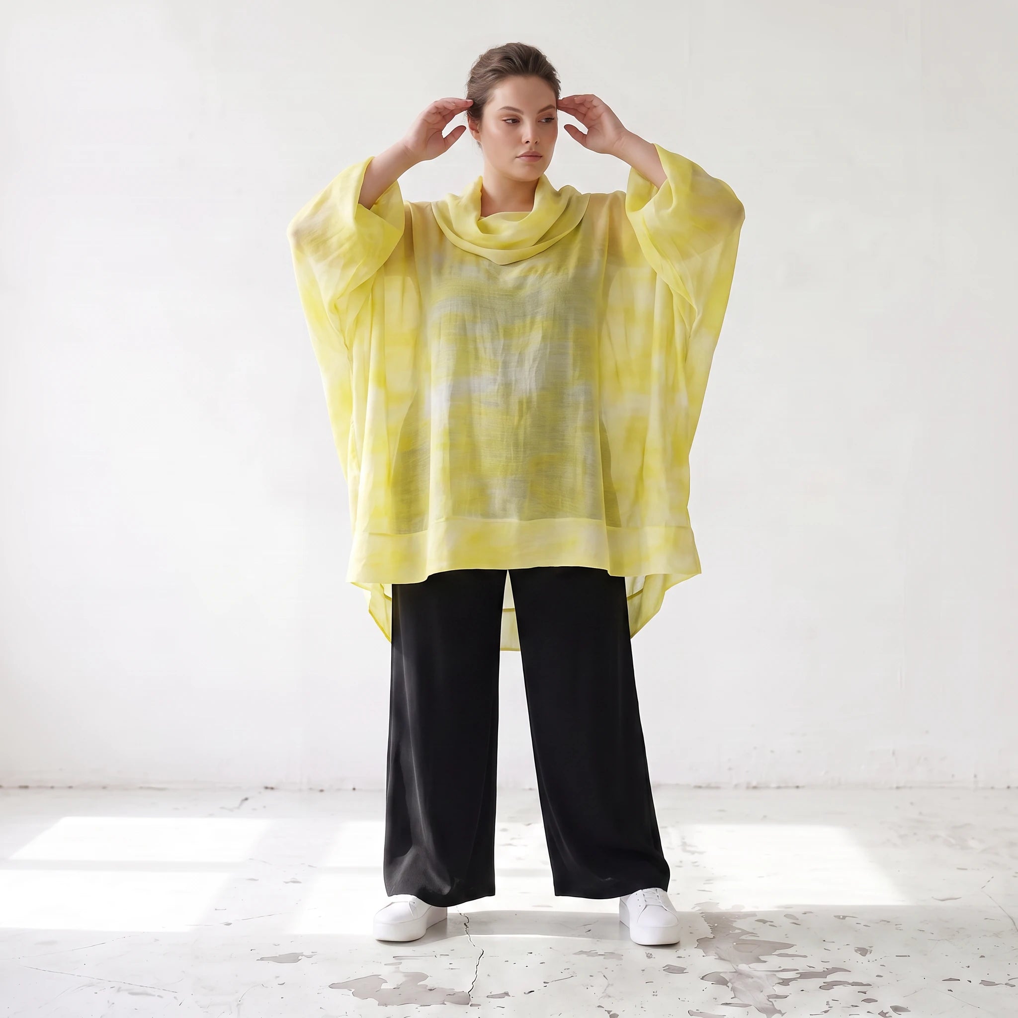 Gelb/Grau Oversize Lagenlook Shirt mit Crashstruktur asymmetrisch leger zeitlos softfeel
