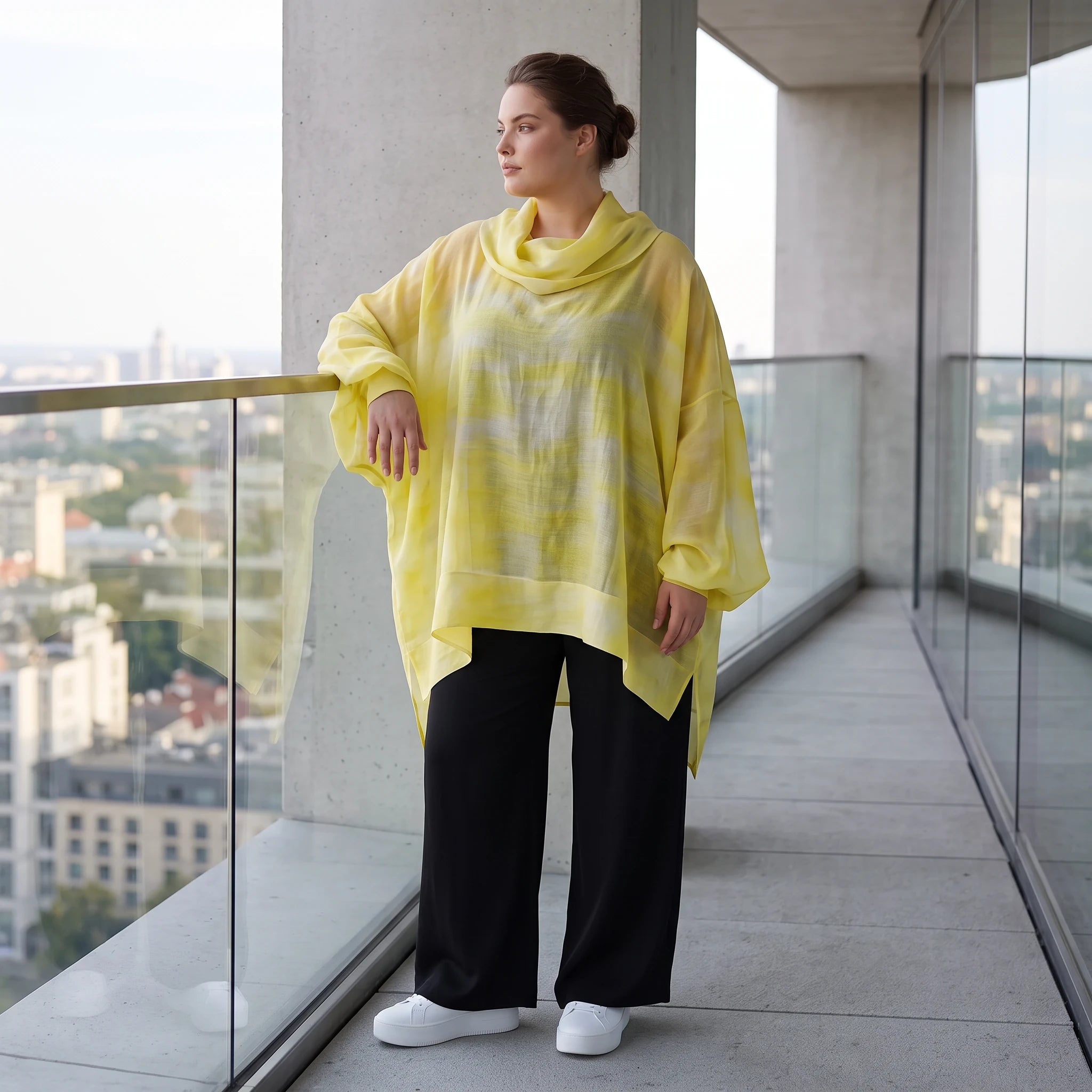 Gelb/Grau Oversize Lagenlook Shirt mit Crashstruktur asymmetrisch leger zeitlos softfeel