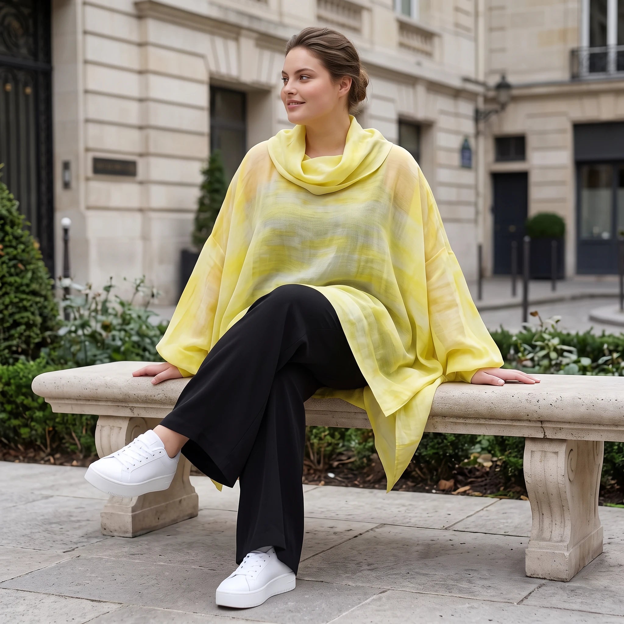 Gelb/Grau Oversize Lagenlook Shirt mit Crashstruktur asymmetrisch leger zeitlos softfeel