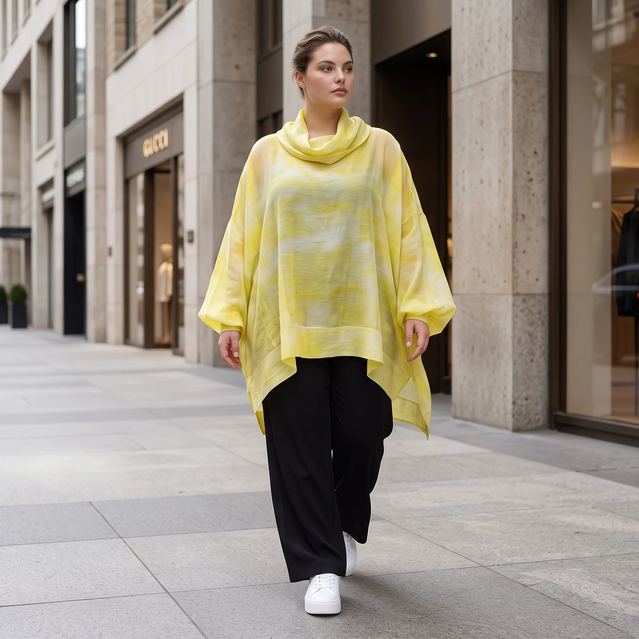 Gelb/Grau Oversize Lagenlook Shirt mit Crashstruktur asymmetrisch leger zeitlos softfeel