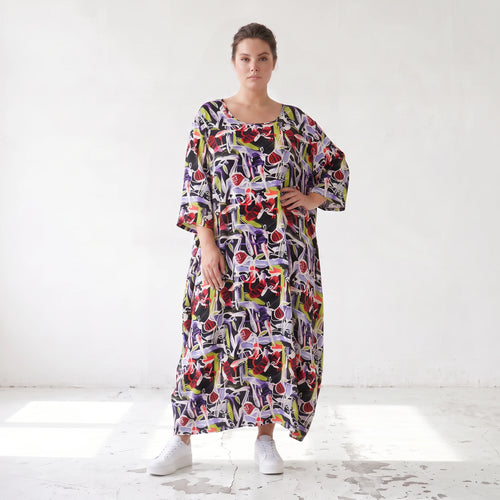 Fliessendes Ballonkleid aus Viskose in Schwarz Oliv Lila sehr leger zeitlos Oversize Look