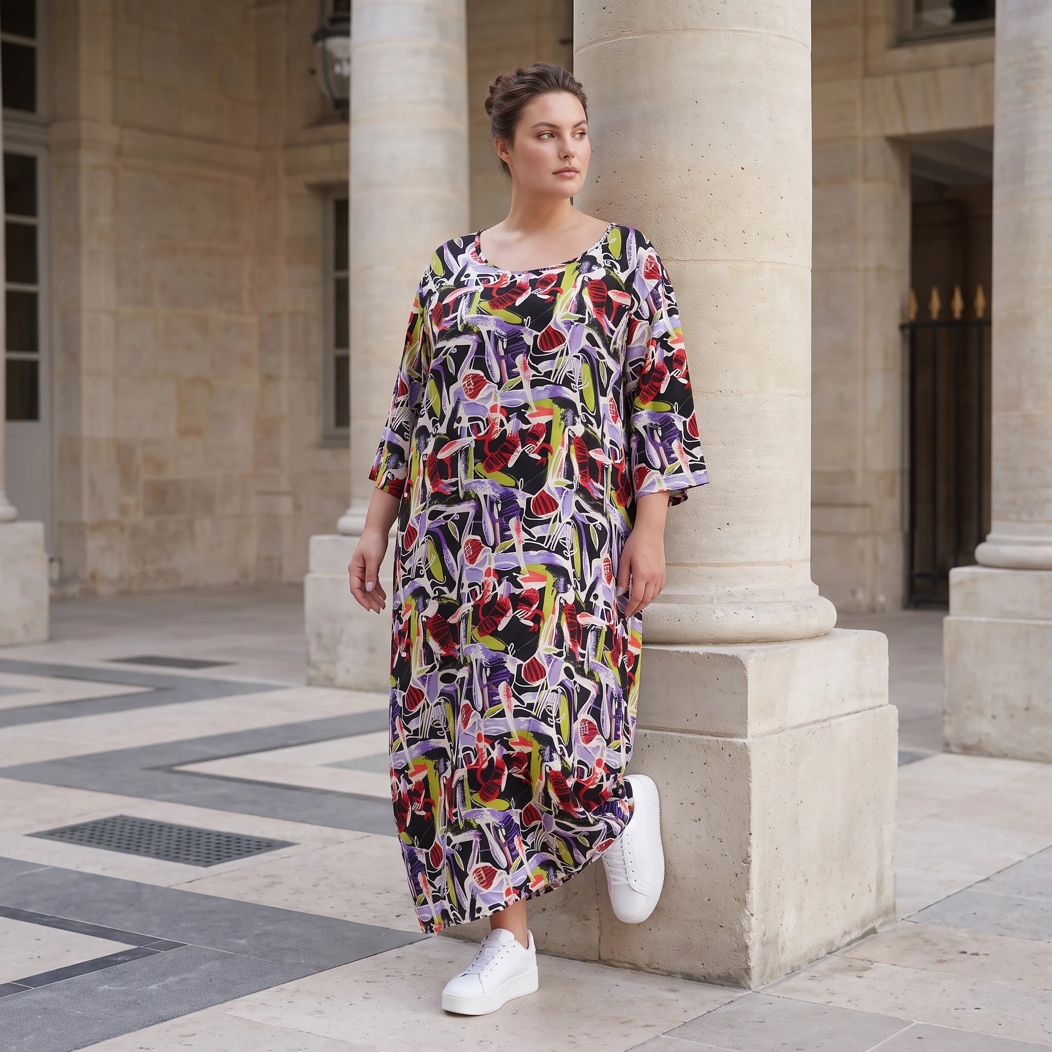 Fliessendes Ballonkleid aus Viskose in Schwarz Oliv Lila sehr leger zeitlos Oversize Look