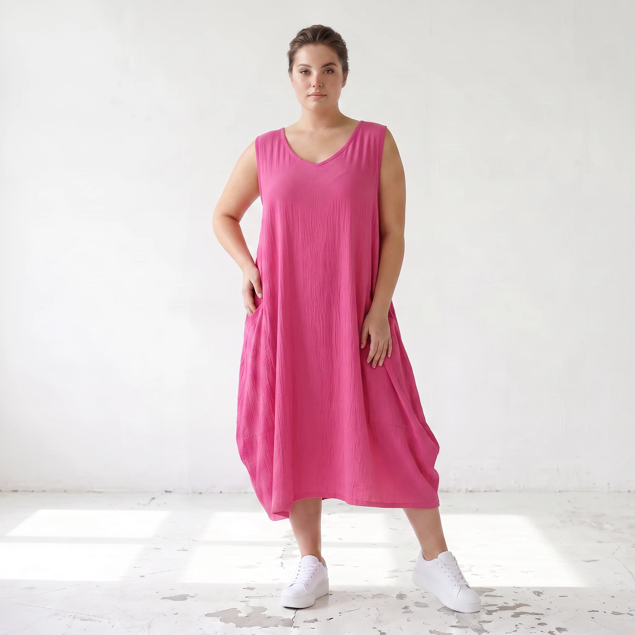 Damen Kleid Lagenlook Viskose Fuchsia, Ballonschnitt, ärmellos, Taschen, Oversize große Größen – AKH Fashion