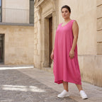 Damen Kleid Lagenlook Viskose Fuchsia, Ballonschnitt, ärmellos, Taschen, Oversize große Größen – AKH Fashion