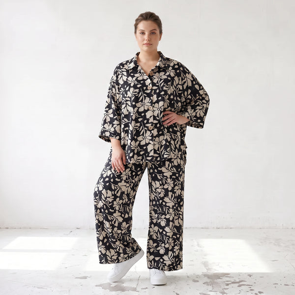 Damen Bluse Lagenlook Viskose Schwarz/Ecru, gerader Schnitt, Langarm, Knopfleiste, Oversize große Größen – AKH Fashion