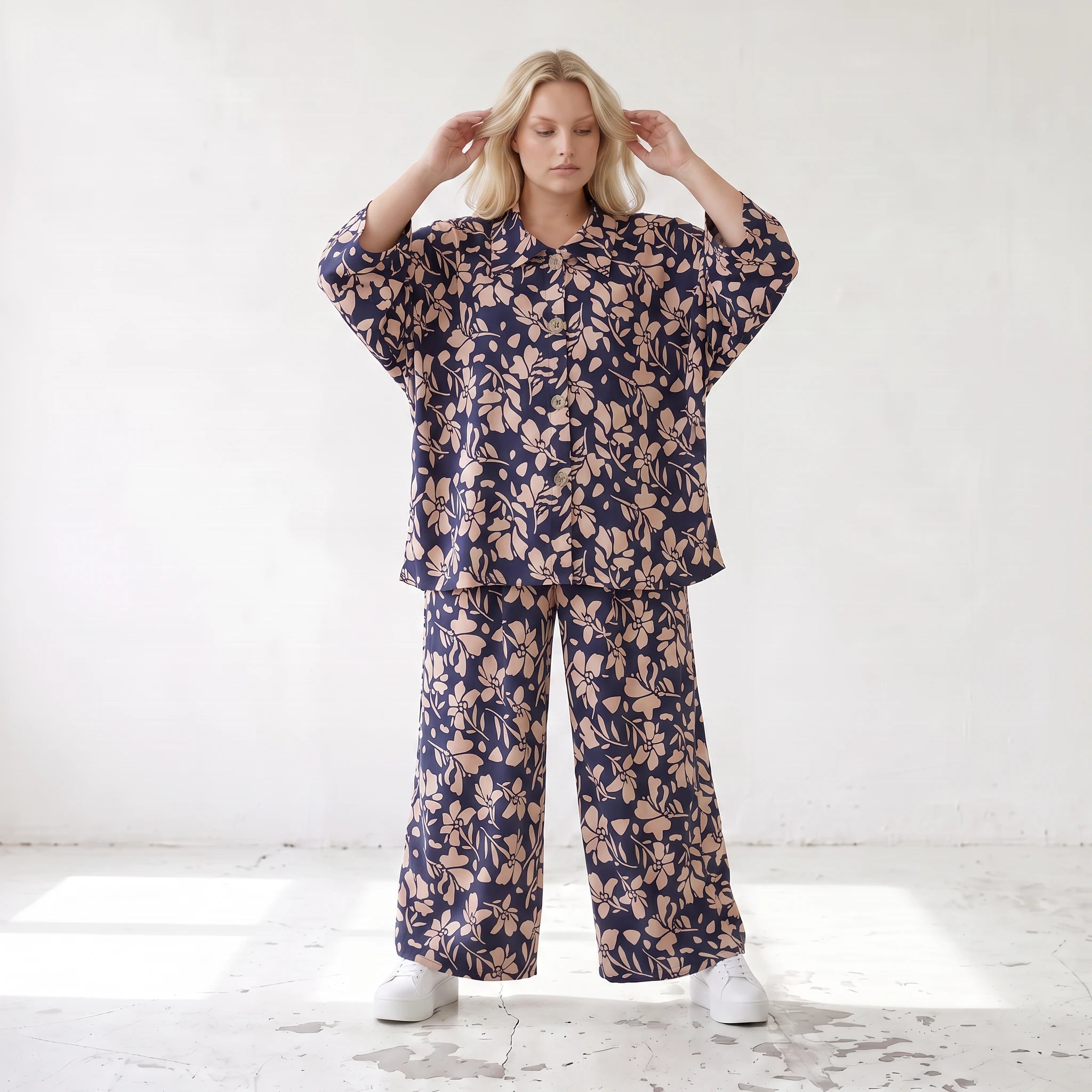 Damen Bluse Lagenlook Viskose Marine/Rose, gerader Schnitt, Langarm, Knopfleiste, Oversize große Größen – AKH Fashion