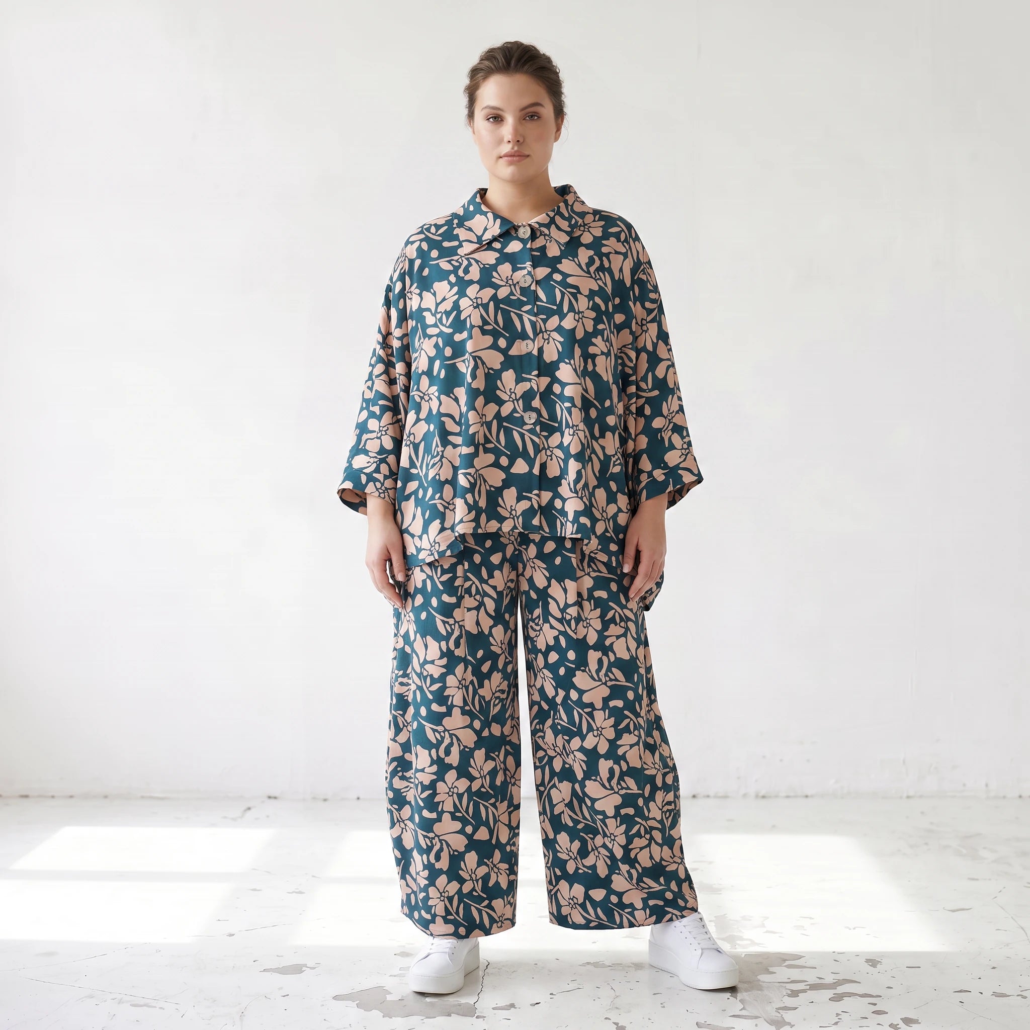 Damen Bluse Lagenlook Viskose Petrol/Rose, gerader Schnitt, Langarm, Knopfleiste, Oversize große Größen – AKH Fashion