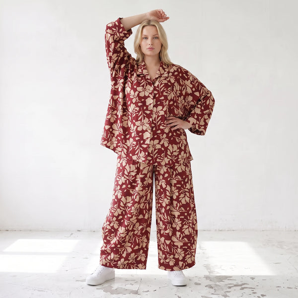Damen Bluse Lagenlook Viskose Weinrot/Rose, gerader Schnitt, Langarm, Knopfleiste, Oversize große Größen – AKH Fashion