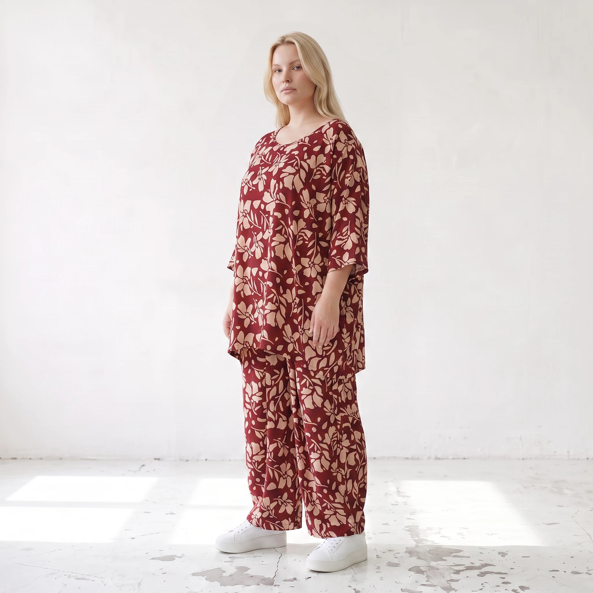 Damen Shirt Lagenlook Viskose Weinrot/Rose, A-Form, Langarm, Taschen, Oversize große Größen – AKH Fashion