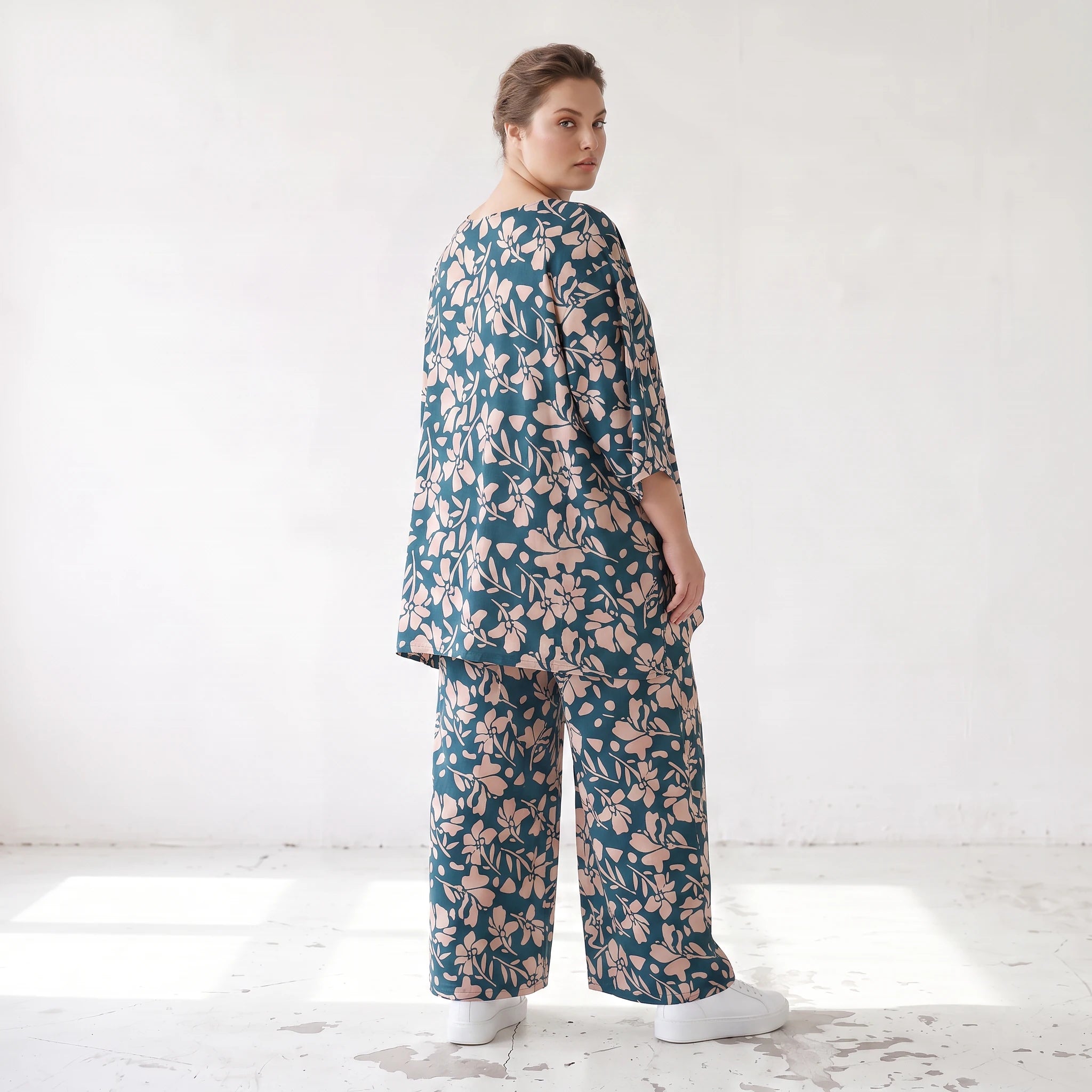 Damen Shirt Lagenlook Viskose Petrol/Rose, A-Form, 3/4-Arm, Taschen, Oversize große Größen – AKH Fashion