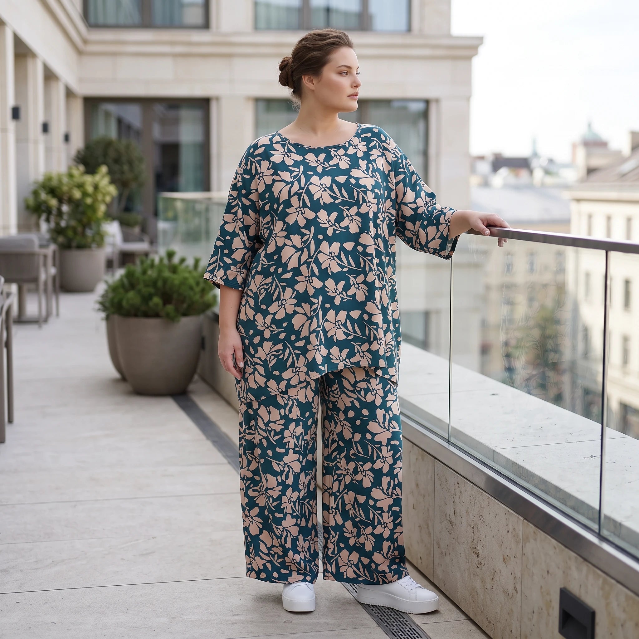 Damen Shirt Lagenlook Viskose Petrol/Rose, A-Form, 3/4-Arm, Taschen, Oversize große Größen – AKH Fashion