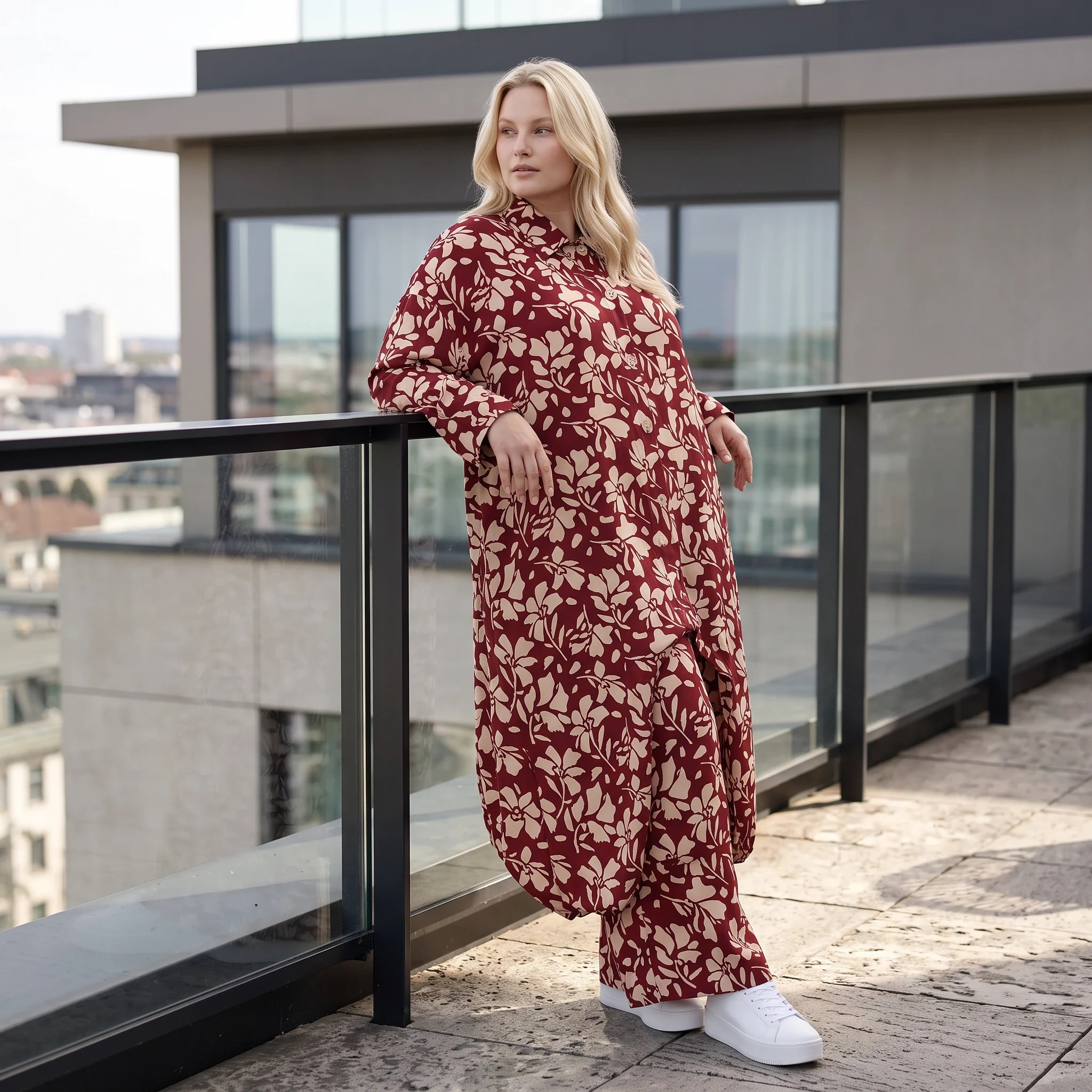 Damen Bluse Lagenlook Viskose Weinrot/Rose, gerader Schnitt, Langarm, Knopfleiste, Oversize große Größen – AKH Fashion