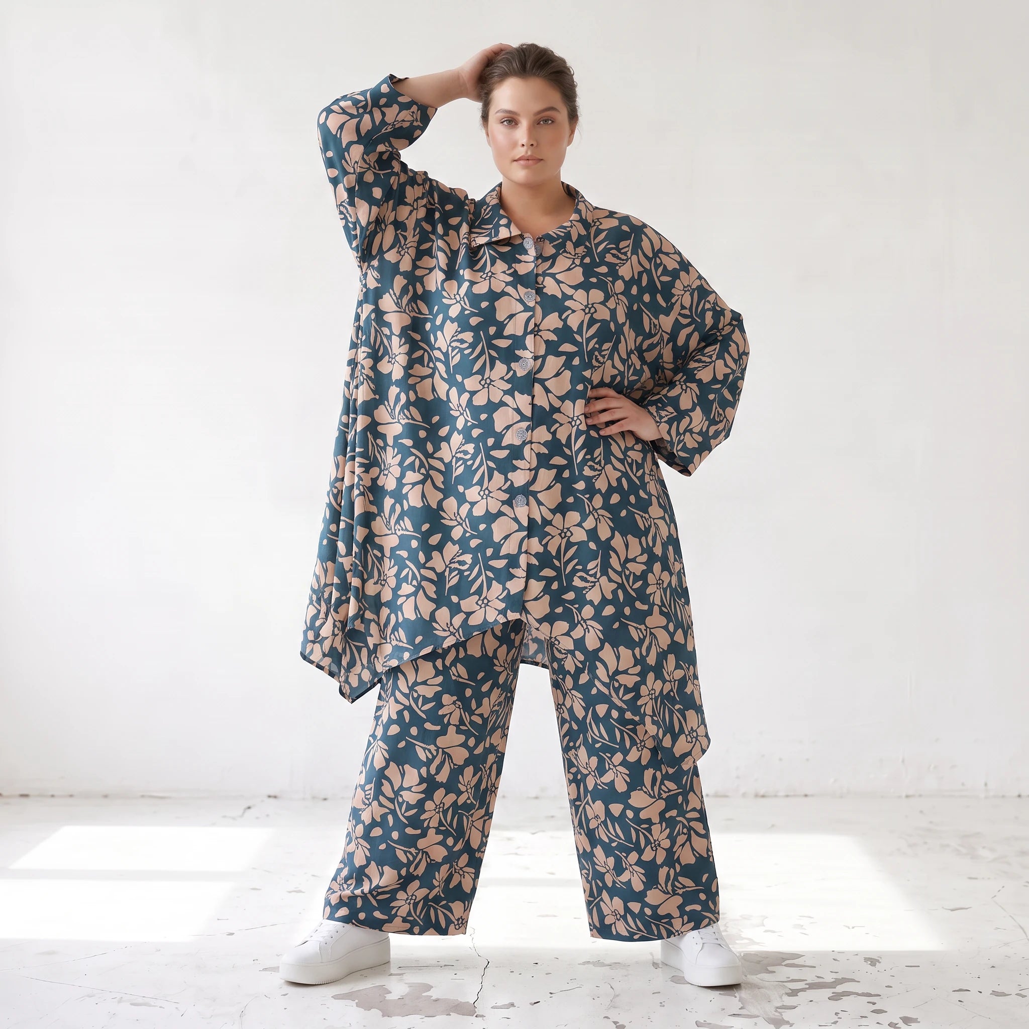Damen Bluse Lagenlook Viskose Petrol/Rose, Zipfelform, Langarm, Knopfleiste, Oversize große Größen – AKH Fashion