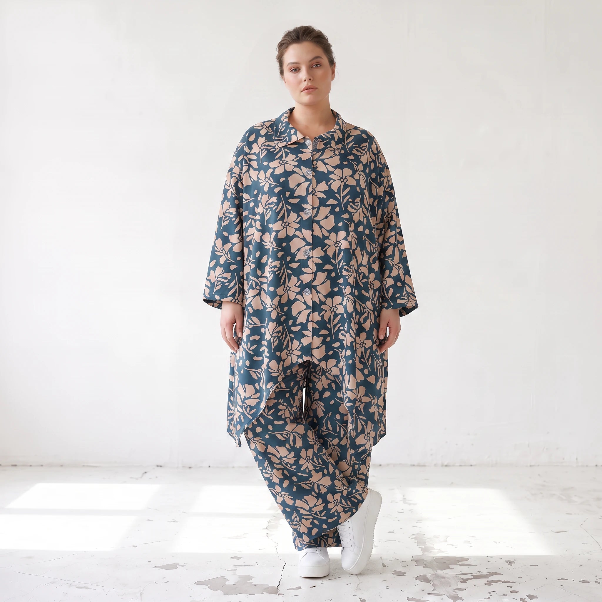 Damen Bluse Lagenlook Viskose Petrol/Rose, Zipfelform, Langarm, Knopfleiste, Oversize große Größen – AKH Fashion