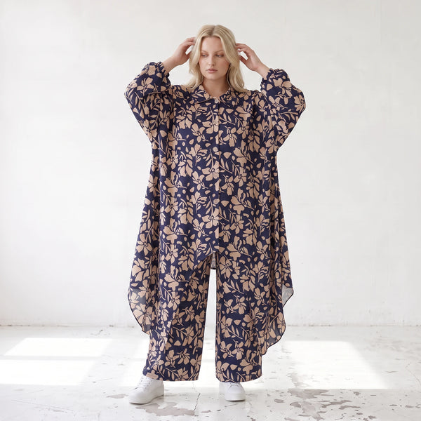 Damen Bluse Lagenlook Viskose Marine/Rose, Zipfelform, Langarm, Knopfleiste, Oversize große Größen – AKH Fashion
