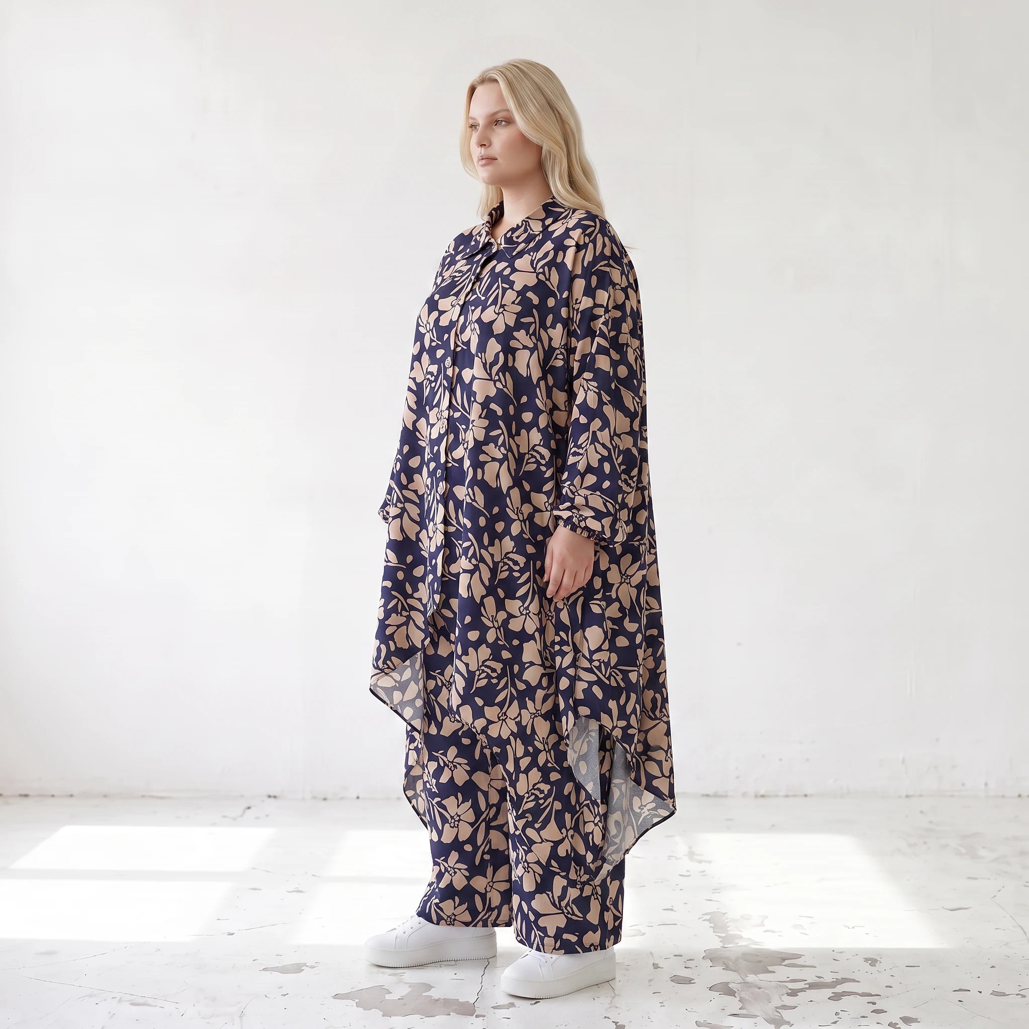 Damen Bluse Lagenlook Viskose Marine/Rose, Zipfelform, Langarm, Knopfleiste, Oversize große Größen – AKH Fashion
