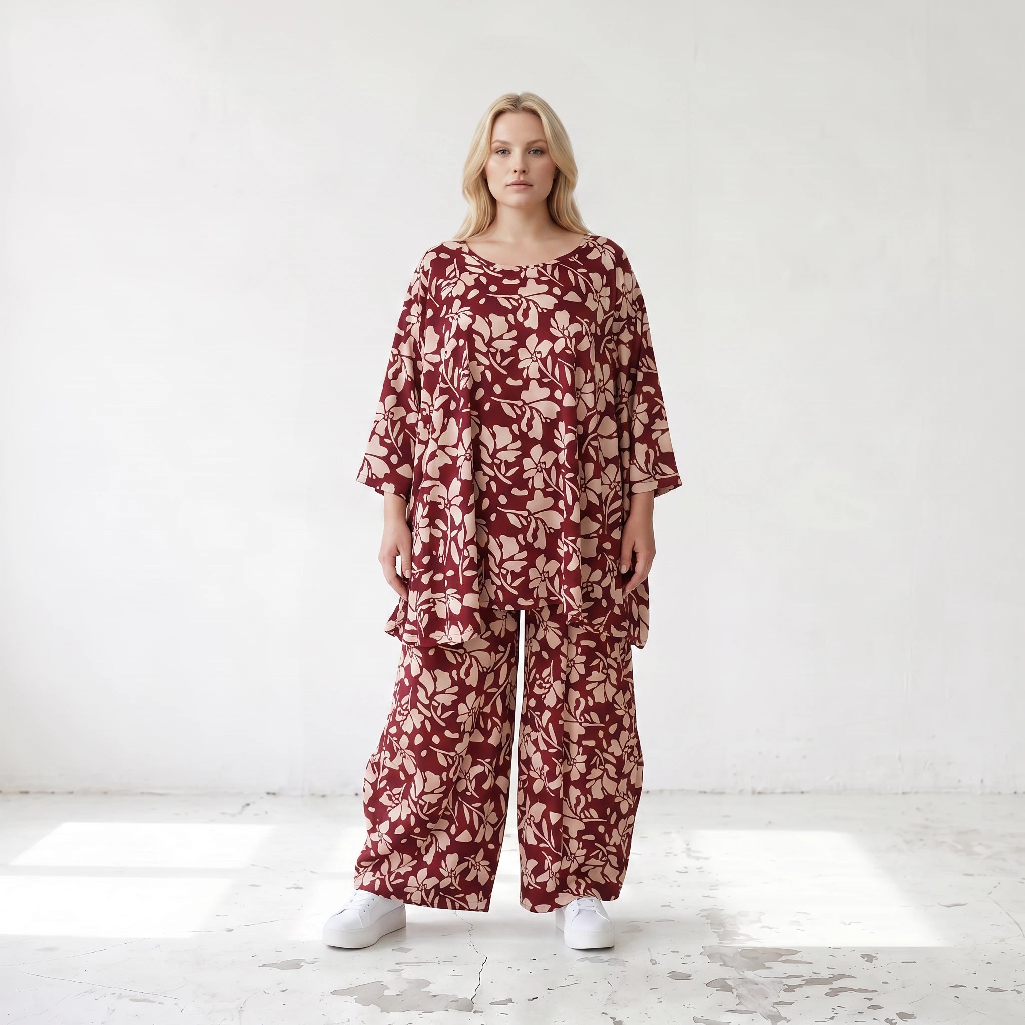 Damen Shirt Lagenlook Viskose Weinrot/Rose, A-Form, 3/4-Arm, Oversize große Größen – AKH Fashion
