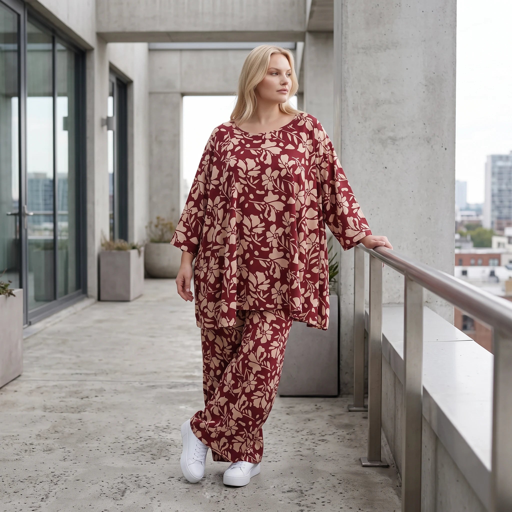 Damen Shirt Lagenlook Viskose Weinrot/Rose, A-Form, 3/4-Arm, Oversize große Größen – AKH Fashion