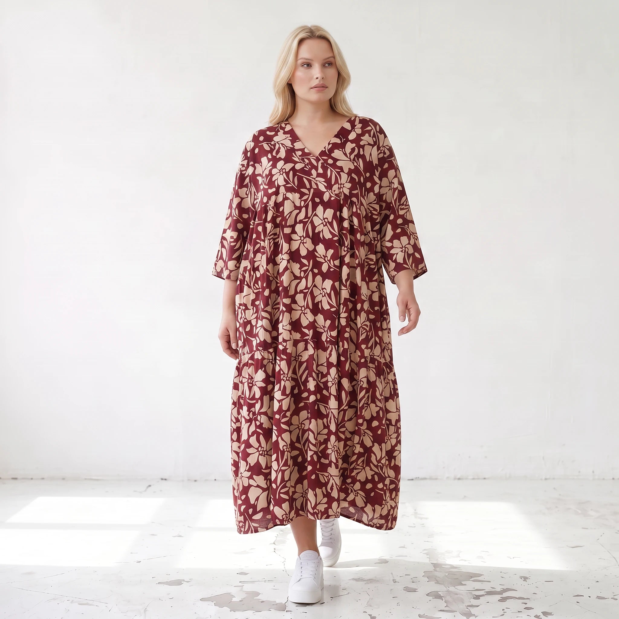 Damen Kleid Lagenlook Viskose Weinrot/Rose, A-Form, V-Ausschnitt, Oversize große Größen – AKH Fashion