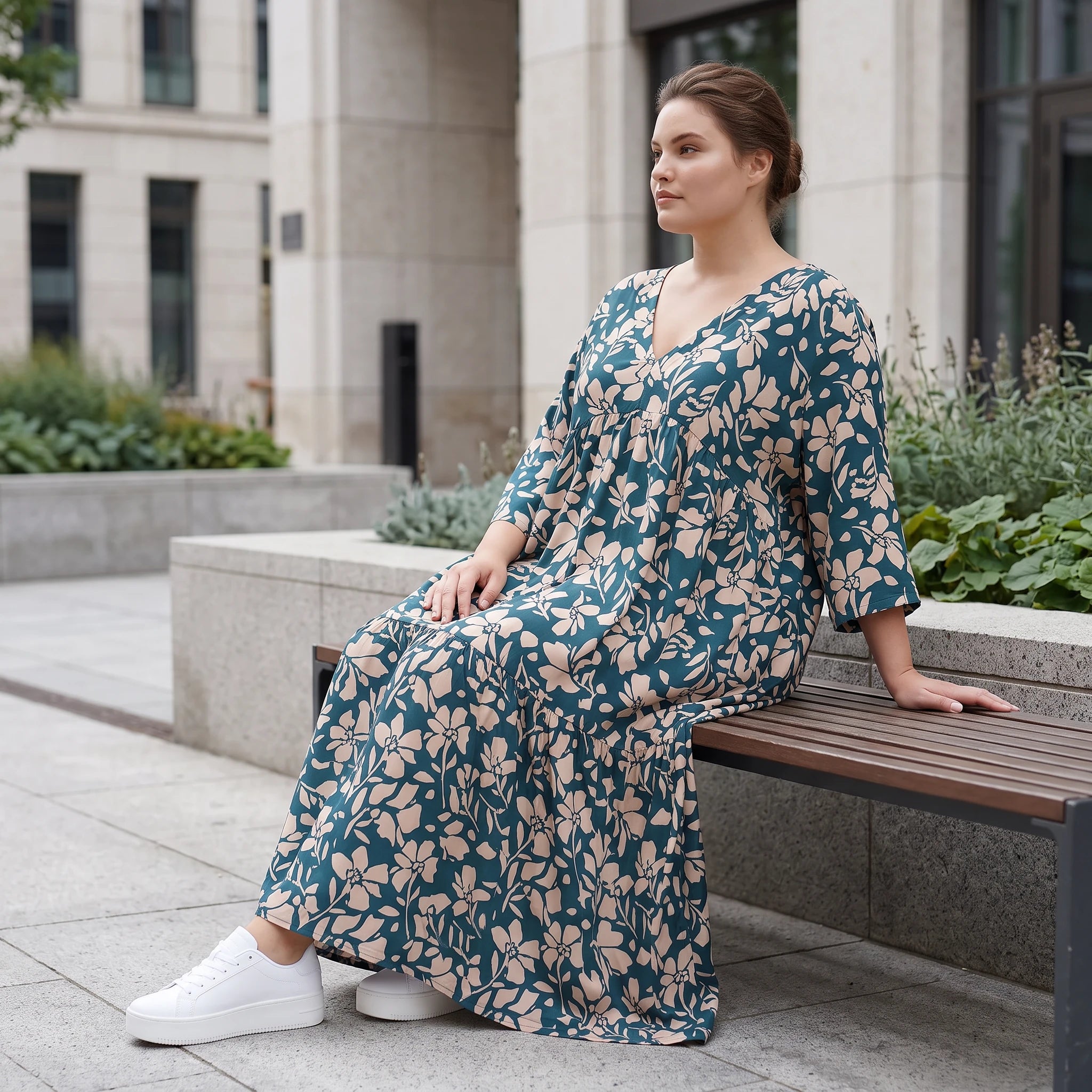 Damen Kleid Lagenlook Viskose Petrol/Rose, A-Form, 3/4-Arm, V-Ausschnitt, Oversize große Größen – AKH Fashion