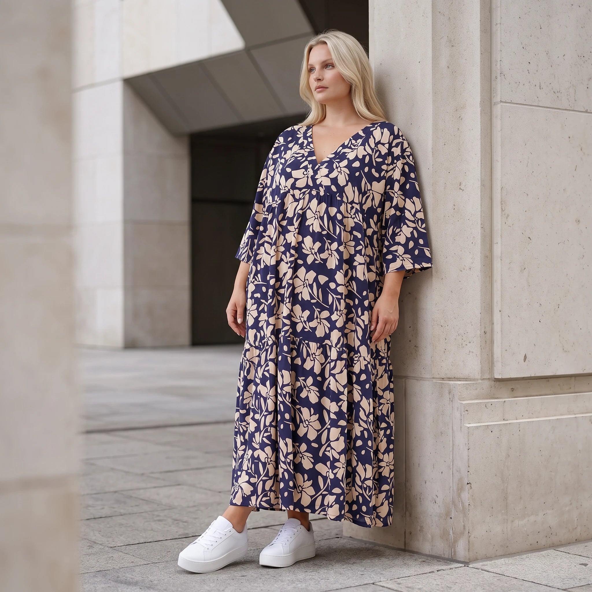 Damen Kleid Lagenlook Viskose Marine/Rose, A-Form, V-Ausschnitt, Oversize große Größen – AKH Fashion