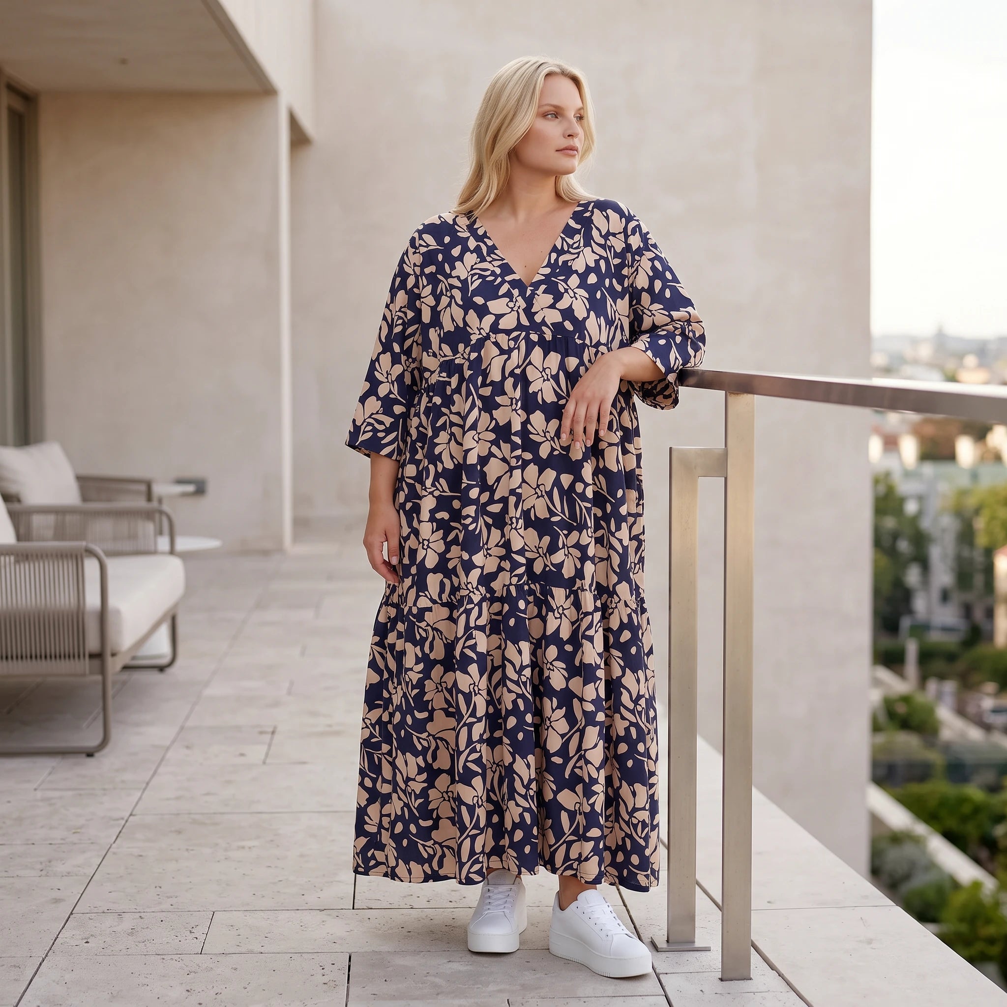 Damen Kleid Lagenlook Viskose Marine/Rose, A-Form, V-Ausschnitt, Oversize große Größen – AKH Fashion