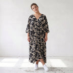 Damen Kleid Lagenlook Viskose Schwarz/Ecru, A-Form, V-Ausschnitt, Oversize große Größen – AKH Fashion