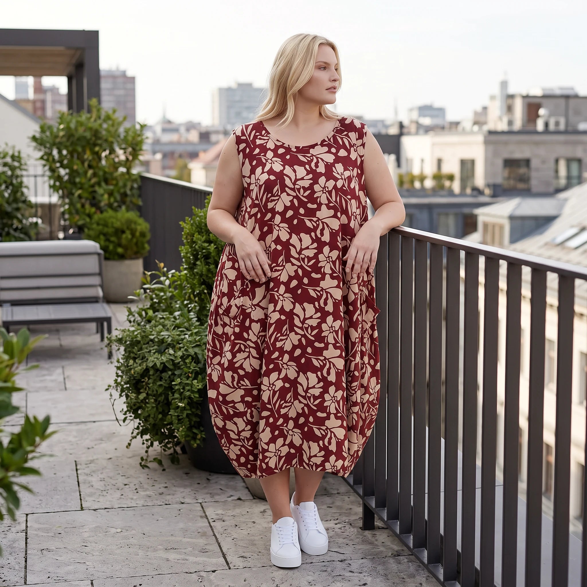 Damen Kleid Lagenlook Viskose Weinrot/Rose, Ballonschnitt, ärmellos, Flügeltaschen, Oversize große Größen – AKH Fashion