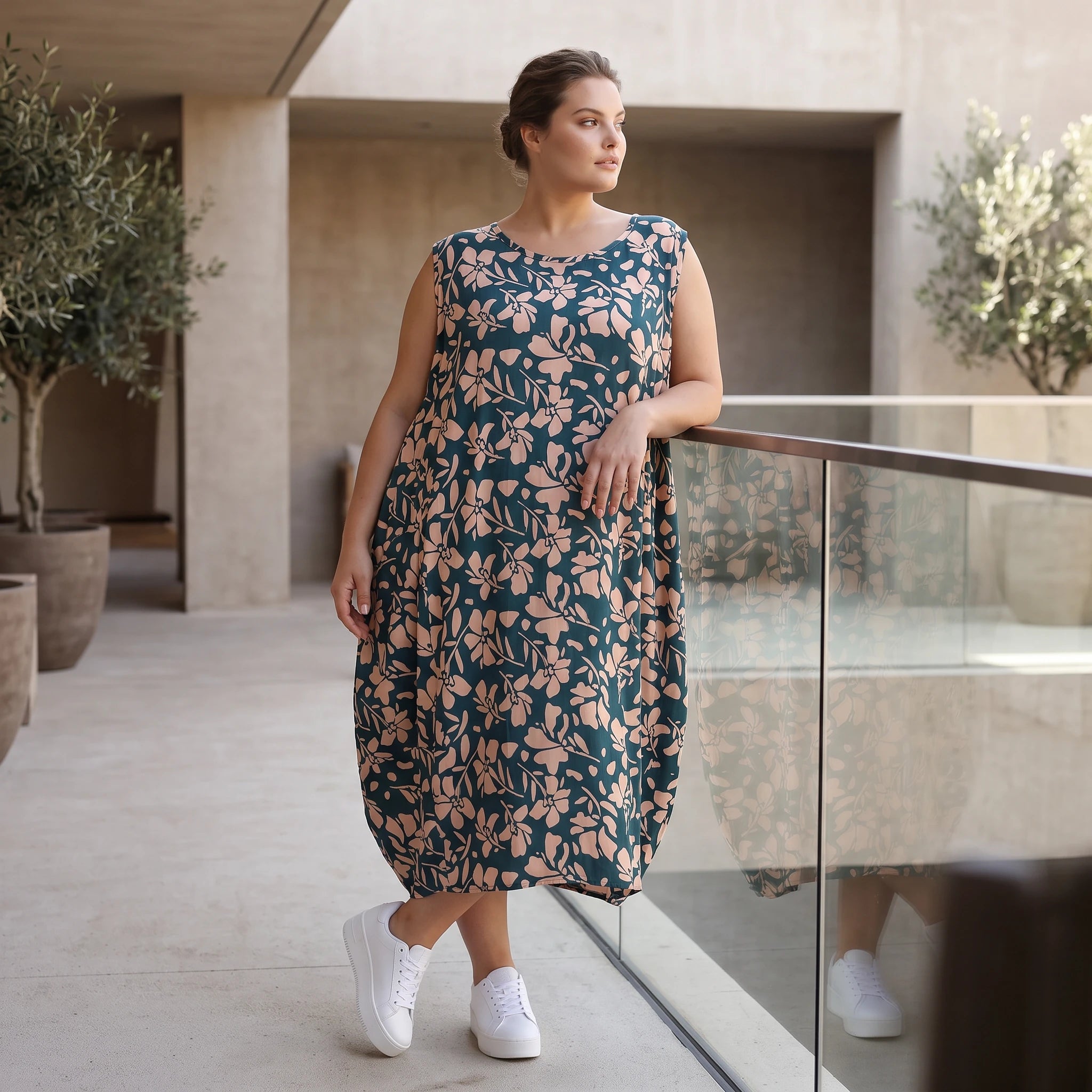 Damen Kleid Lagenlook Viskose Petrol/Rose, Ballonschnitt, ärmellos, Flügeltaschen, Oversize große Größen – AKH Fashion