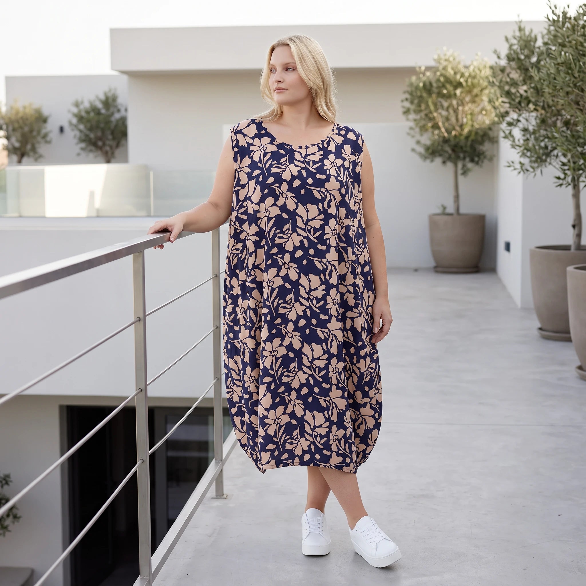 Damen Kleid Lagenlook Viskose Marine/Rose, Ballonschnitt, ärmellos, Flügeltaschen, Oversize große Größen – AKH Fashion