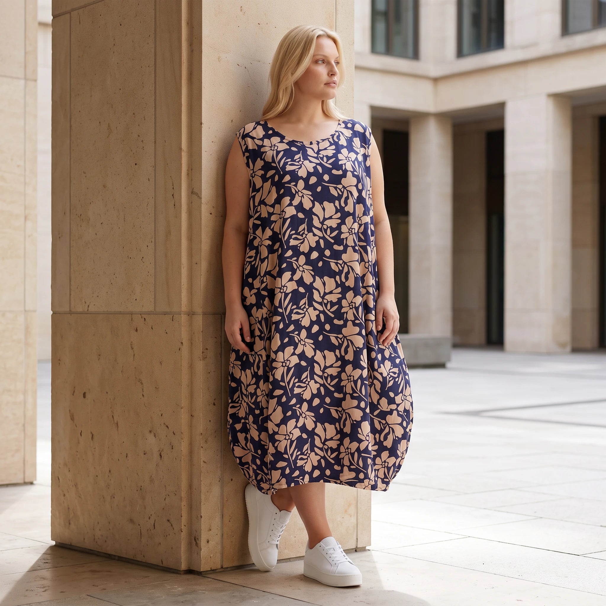 Damen Kleid Lagenlook Viskose Marine/Rose, Ballonschnitt, ärmellos, Flügeltaschen, Oversize große Größen – AKH Fashion