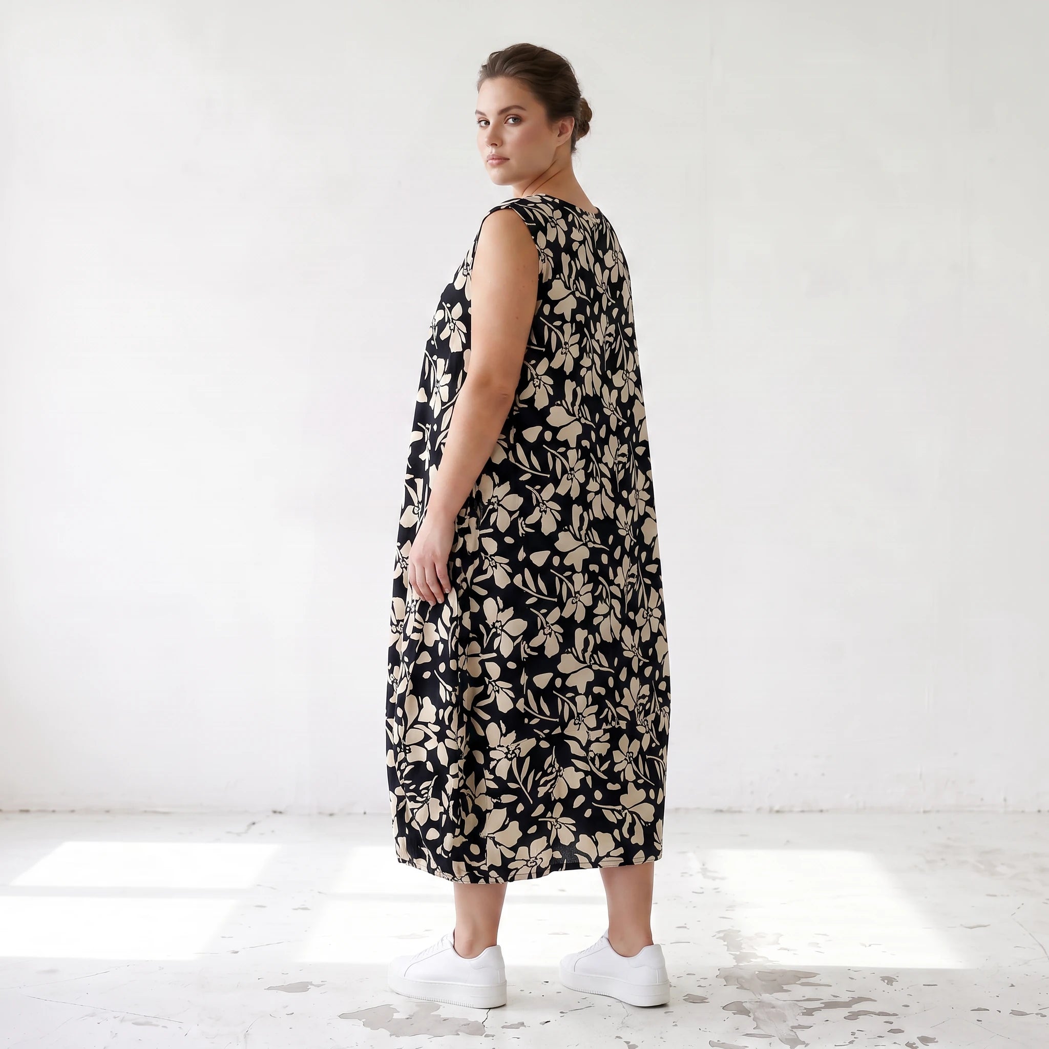 Damen Kleid Lagenlook Viskose Schwarz/Ecru, Ballonschnitt, Oversize große Größen – AKH Fashion